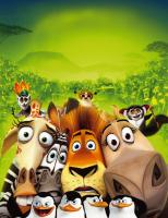 Madagascar 2 - Auf dem Weg nach Hause: Alex (2.v.r.), Gloria (r.), Marty (2.vl.), Melman (l.), die Pinguine (vorne) und die Äffchen (hinten) ... © (2008) DREAMWORKS ANIMATION LLC. ALL RIGHTS RESERVED.