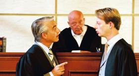 Edel & Starck - Zwischen Felix (Christoph M. Ohrt, l.) und seinem Juristenfreund Vanderheiden (Luc Veit, r.) kommt es vor dem vorsitzenden Richter Schubert (Wolf-Dietrich Berg, M.) zu einem wortreichen Kräftemessen. Schließlich geht es um das Sorgerecht für die Papageien Felix und Fanny ... © Hardy Spitz Sat.1