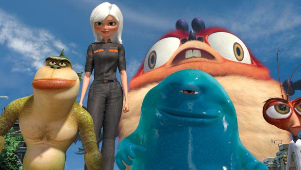 Monsters vs Aliens - Sollen die Welt vor der bevorstehenden Zerstörung retten: Gigantika (2.v.l.), Dr. Kakerlake (r.), Missing Link (l.),  B.O.B (M.) und Insektosaurus (2.v.r.) ... © TM and   2008 by DreamWorks Animation LLC. All rights reserved.