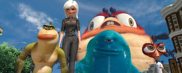 Monsters vs Aliens - Sollen die Welt vor der bevorstehenden Zerstörung retten: Gigantika (2.v.l.), Dr. Kakerlake (r.), Missing Link (l.),  B.O.B (M.) und Insektosaurus (2.v.r.) ... © TM and   2008 by DreamWorks Animation LLC. All rights reserved.