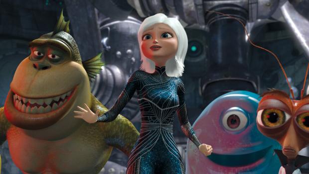 Monsters vs Aliens - Stehen vor einer schwierigen Aufgabe: B.O.B. (2.v.r.), Missing Link (l.), Dr. Kakerlake (r.) und Gigantika (2.v.l.) sollen die Welt vor der bevorstehenden Zerstörung von Aliens retten ... © TM and   2008 by DreamWorks Animation LLC. All rights reserved.