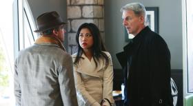 NCIS Special Agent Michelle Lee (Liza Lapira, M.) und Gibbs (Mark Harmon, r.) versuchen bei einem Gespräch mit Ted Bankston (David Eigenberg, l.) herauszufinden, ob dieser etwas mit dem Fall, an dem sie gerade arbeiten, zu tun hat ... © CBS Television